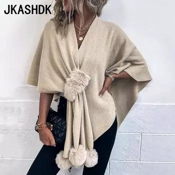 JKASHDK Женская мода повседневная однотонная принтованная осень-зима больших размеров с длинным рукавом и V-образным вырезом свободные свитера One Size кофейный