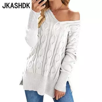 JKASHDK Женская мода повседневная однотонная принтованная осень-зима с длинным рукавом свитера с V-образным вырезом S серый