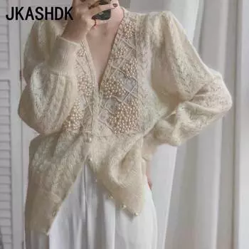 JKASHDK Женская мода повседневная однотонная жемчужная печать осень-зима с длинным рукавом и V-образным вырезом свитера One size бежевый