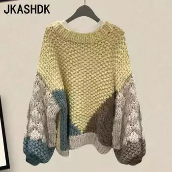 JKASHDK Женская мода Повседневная Осень Зима Длинные рукава Пуловеры O-образный вырез Свитера XL жёлтый