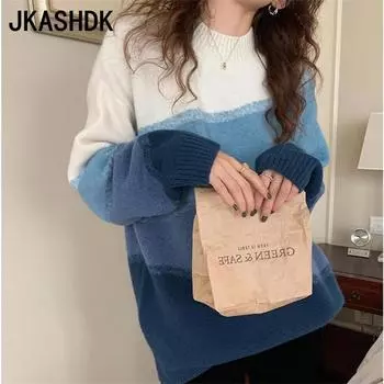 JKASHDK Женская мода Повседневная Осень Зима Длинные рукава Пуловеры O-образный вырез Свитера One Size синий