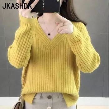 JKASHDK Женская мода повседневная осень-зима однотонные принты с длинным рукавом и V-образным вырезом пуловеры и свитера с длинными рукавами One size розовый