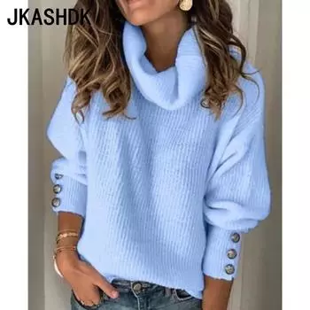 JKASHDK Женская мода Повседневная Осень Зима Однотонный Принт Длинные Рукава Высокий Воротник Женская Одежда Трикотаж Свитера Пуловеры и Длинные Рукава S белый