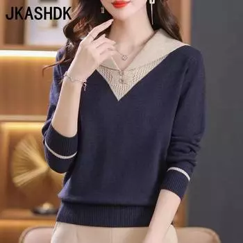JKASHDK Женская мода повседневная осень-зима с длинным рукавом свитера с воротником поло One Size