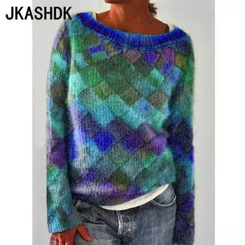 JKASHDK Женская мода Повседневный ромбовидный цветной принт Осень Зима Длинные рукава Пуловеры O-образный вырез S фиолетовый