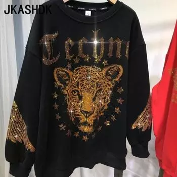 JKASHDK Женская мода Повседневная весна-осень Большие размеры Леопардовый принт Длинные рукава О-образный вырез Пуловеры и длинные рукава L чёрный