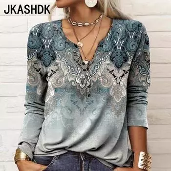 JKASHDK Женская мода Повседневная весна-осень Цветочный узор Принт Длинные рукава V-образный вырез Пуловеры и длинные рукава S чёрный