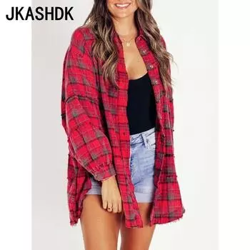 JKASHDK Женская мода повседневная весна-осень клетчатый принт длинный рукав воротник поло блузки и рубашки S красный