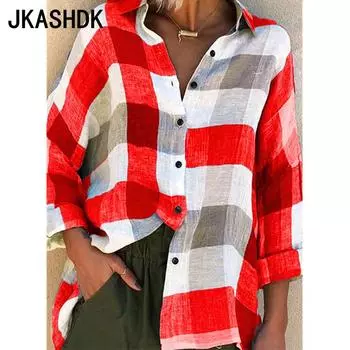 JKASHDK Женская мода Повседневная весна-осень клетчатый принт Длинные рукава воротник поло Блузки и рубашки S красный