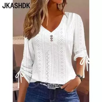 JKASHDK Женская мода Повседневная весна-осень Однотонные принты Рукава 3/4 V-образный вырез Блузки и рубашки S белый