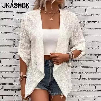 JKASHDK Женская мода Повседневная весна-осень Однотонные принты Длинные рукава Блузки и рубашки S белый