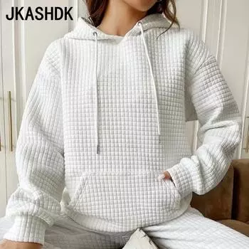 JKASHDK Женская мода повседневная весна осень однотонный принт длинный рукав пуловеры и длинные рукава S чёрный