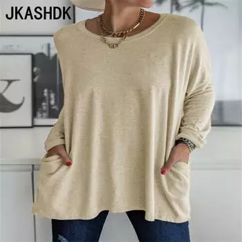 JKASHDK Женская мода Повседневная весна-осень Однотонный принт Длинные рукава О-образный вырез Пуловеры и длинные рукава S чёрный