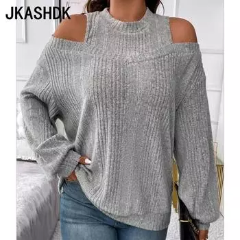 JKASHDK Женская мода Повседневная весна-осень Однотонный принт Длинные рукава О-образный вырез Пуловеры и длинные рукава S чёрный