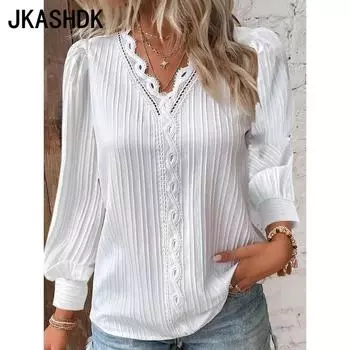 JKASHDK Женская мода повседневная весна осень однотонный принт длинный рукав V-образный вырез пуловеры и длинные рукава S белый