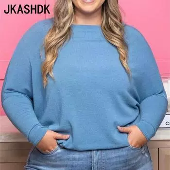 JKASHDK Женская мода Повседневная весна-осень Большие размеры Однотонный принт Длинные рукава О-образный вырез Пуловеры и длинные рукава S белый