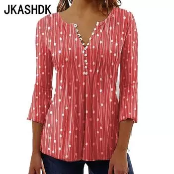 JKASHDK Женская мода повседневная весна-осень принт в горошек блузки и рубашки с рукавами 3/4 и V-образным вырезом S красный