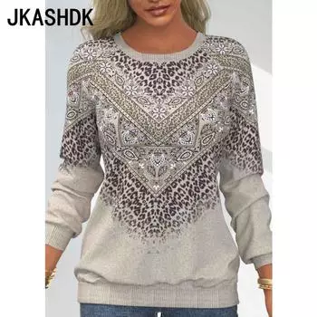 JKASHDK Женская мода Повседневная весна-осень с принтом Длинные рукава О-образным вырезом Пуловеры и длинные рукава S