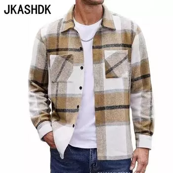 JKASHDK Женская мода, повседневные клетчатые принты, осенне-зимние куртки и пальто-поло с длинными рукавами и воротником S хаки