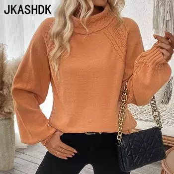 JKASHDK Женская мода Повседневный однотонный принт Осень Зима Длинные рукава Высокий ворот свитера S оранжевый