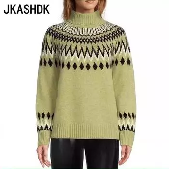 JKASHDK Женская мода Повседневный геометрический принт Осень Зима Длинный рукав Полуводолазка Свободные свитера S коричневый