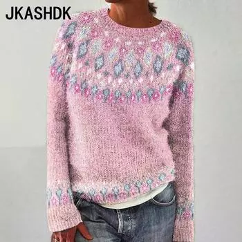 JKASHDK Женская мода Повседневный геометрический принт Осень Зима Длинные рукава O-образный вырез Свободные свитера S