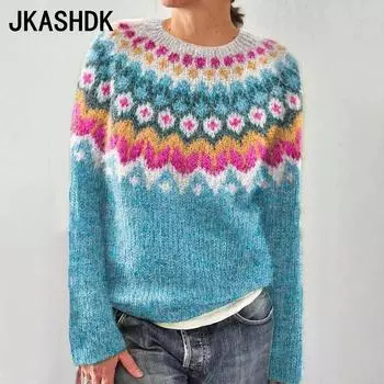 JKASHDK Женская мода Повседневный геометрический принт Осень Зима Длинные рукава O-образный вырез Свободные свитера S