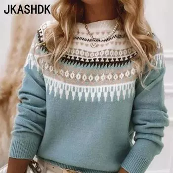 JKASHDK Женская мода Повседневный геометрический принт Осень Зима Длинные рукава O-образный вырез Свободные свитера S морской синий