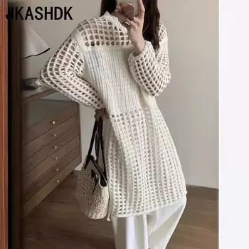 JKASHDK Женская мода Повседневный Лето Весна Однотонный Принт Длинный Рукав О-Образным Вырезом Свитера One size чёрный