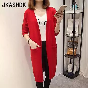 JKASHDK Женская мода, повседневный однотонный принт, большие размеры, осень-зима, свободные свитера с длинным рукавом и v-образным вырезом One size красный