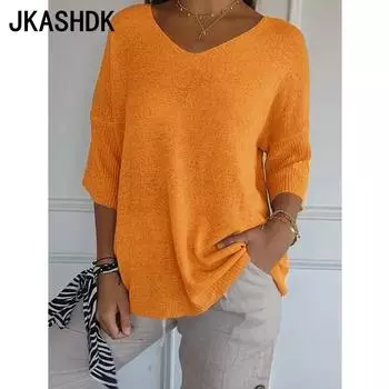 JKASHDK Женская мода Повседневный однотонный принт Осень Зима 3/4 рукава V-образный вырез свитера S имбирный