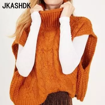 JKASHDK Женская мода Повседневный однотонный принт Осень Зима Длинные рукава Высокий ворот свитера S чёрный