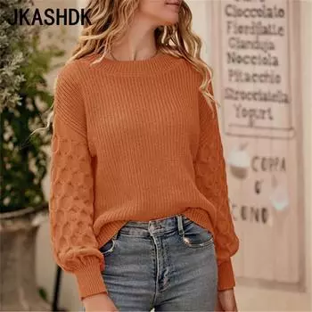 JKASHDK Женская мода Повседневный однотонный принт Осень Зима Длинные рукава О-образный вырез свитера S чёрный