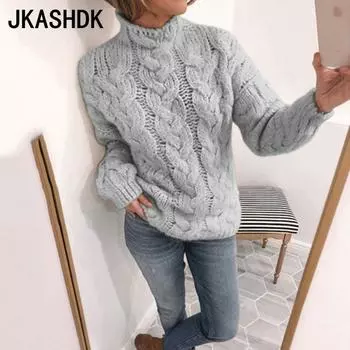 JKASHDK Женская мода Повседневный однотонный принт Осень Зима Длинный рукав Высокий ворот Свободные свитера S розовый