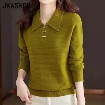 JKASHDK Женская мода, повседневный однотонный принт, осень-зима, свитера-поло с длинными рукавами и воротником One Size абрикосовый