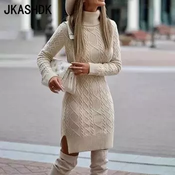 JKASHDK Женская мода Повседневный однотонный принт Осень Зима Длинные рукава Высокий ворот свитера S абрикосовый