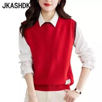 JKASHDK Женская мода Повседневный однотонный принт Осень Зима Безрукавки U-образный вырез свитера One size красный