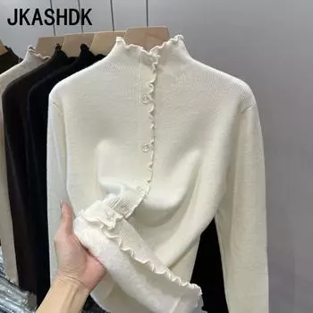 JKASHDK Женская мода Повседневный однотонный принт Осень Зима Длинные рукава Пуловеры Полуводолазка Свитера One Size