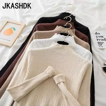 JKASHDK Женская мода Повседневный однотонный принт Осень Зима Длинный рукав Полуводолазка свитера One Size белый