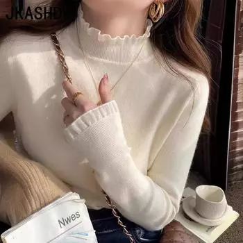 JKASHDK Женская мода Повседневный однотонный принт Осень Зима Длинные рукава Пуловеры Полуводолазка Свитера one size чёрный