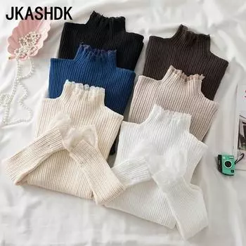 JKASHDK Женская мода Повседневный однотонный принт Осень Зима Длинный рукав Полуводолазка свитера One Size белый