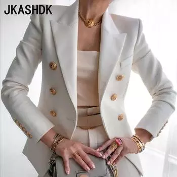 JKASHDK Женская мода Повседневный однотонный принт Осень Зима Длинный рукав Поло воротник куртки и пальто S белый