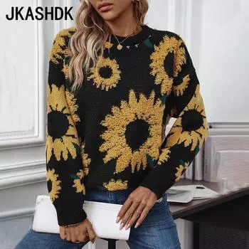 JKASHDK Женская мода Повседневный Осень Зима Цветочный Узор С Длинным Рукавом O-Neck Свитера S чёрный