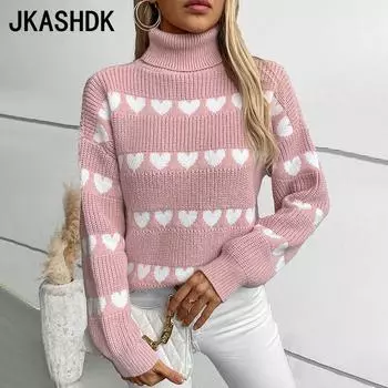 JKASHDK Женская мода Повседневный Осень Зима Love Letter Print Длинный рукав Высокий воротник свитера S розовый