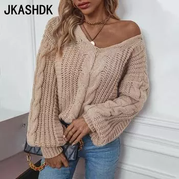 JKASHDK Женская мода Повседневный Осень Зима Однотонный Принт Длинный Рукав V-образный Вырез Свитера S хаки