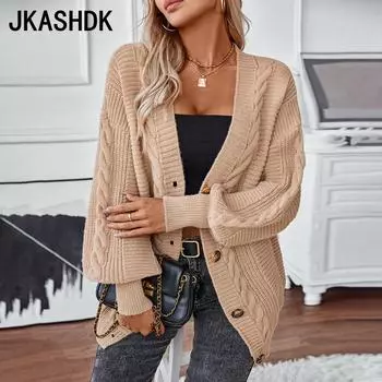 JKASHDK Женская мода Повседневный Осень Зима Однотонный Принт Длинный Рукав V-образный Вырез Свитера S хаки