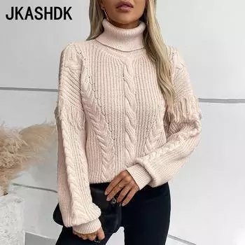 JKASHDK Женская мода Повседневный Осень Зима Однотонный Принт Длинный Рукав Высокий Воротник Свитеры S абрикосовый