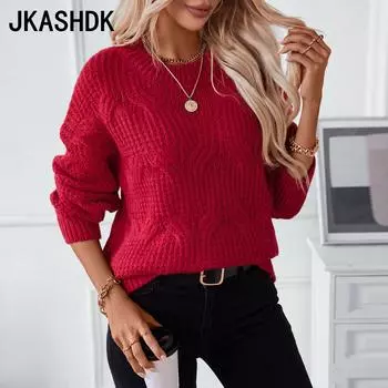 JKASHDK Женская мода Повседневный Осень Зима Однотонный Принт Длинный Рукав О-Образным Вырезом Свитера S кофейный