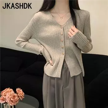 JKASHDK Женская мода Повседневный Осень Зима Однотонный Принт Длинный Рукав V-образный Вырез Свитера one-size-fits-all хаки