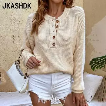 JKASHDK Женская мода Повседневный Осень Зима Однотонный Принт Длинный Рукав О-Образным Вырезом Свитера S абрикосовый